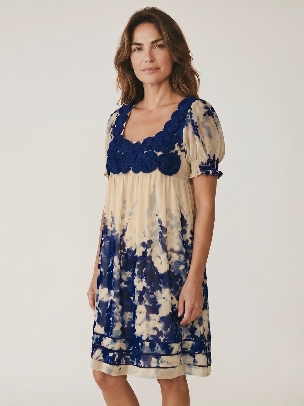 Floral Ivory and Royal Blue Rosette Babydoll Dress Beige ECI New size 4